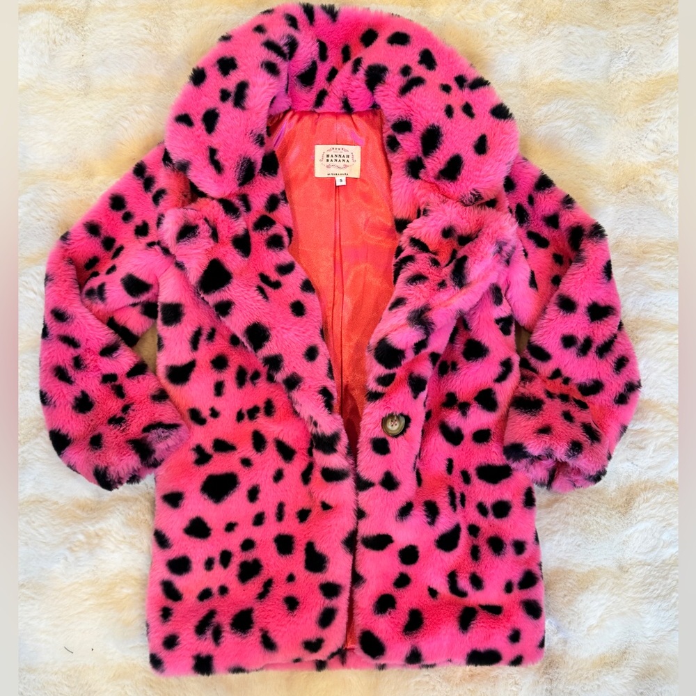 EUC Hannah Banana Pink Leopard Fur Coat size 5